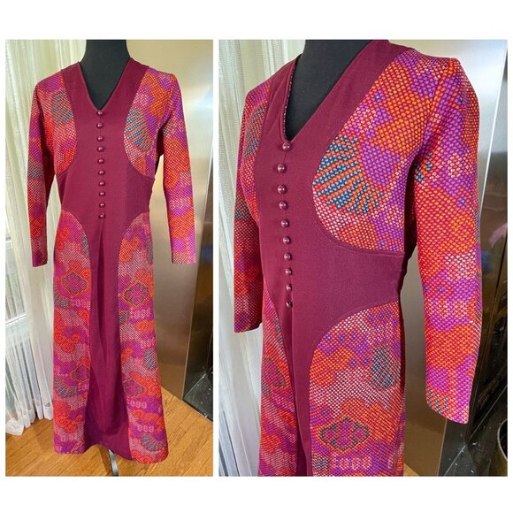Vintage 70s dress, MOD magenta, hot pink, orange abstract pattern - Picture 2 of 10